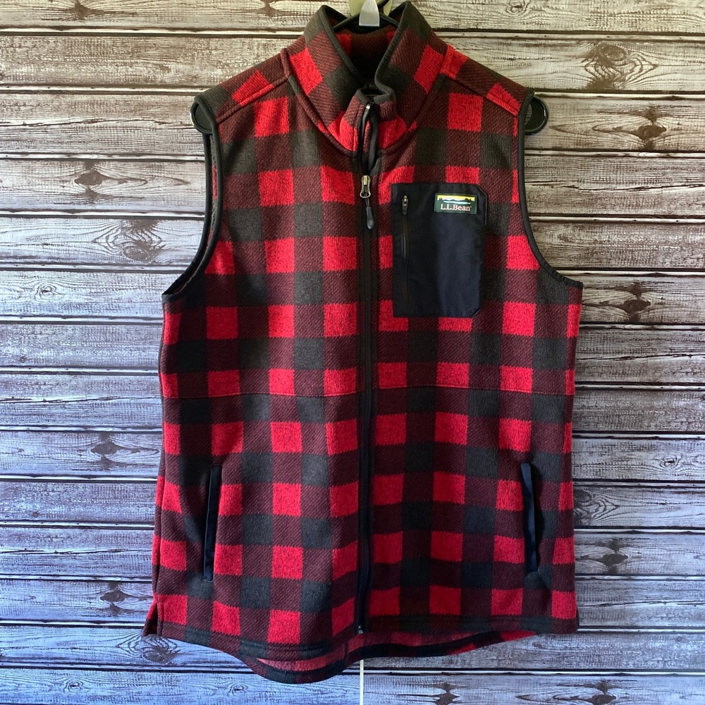 LL Bean Women's Sweater Fleece Full-Zip Vest Size L Red Black Plaid Logo Pockets